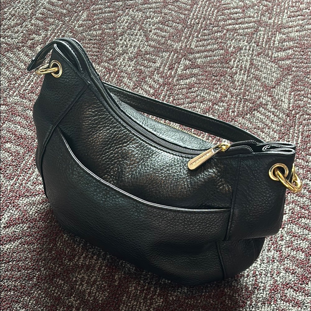 Michael Kors Black Leather Shoulder Bag with Gold Accents